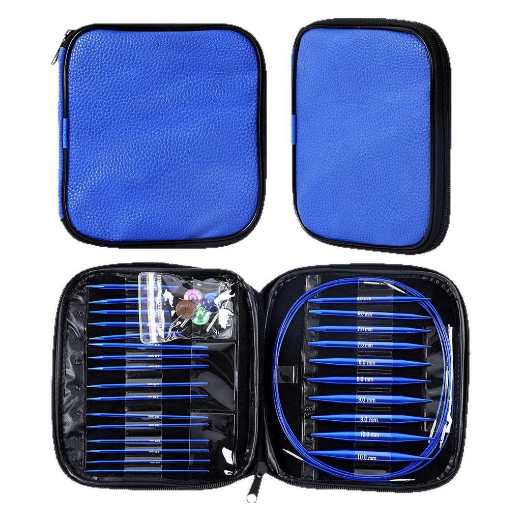 Blue Detachable Circular & Straight Knitting Needle Set with Replaceable Yarn Needles and Rope
