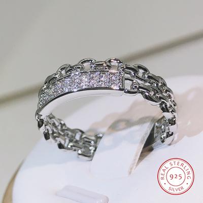 925 Sterling Silver Pop Platinum Růžové zlato Bílý Zirkonový řetízkový dvojitý prsten pro dámskou párty dárek k narozeninám