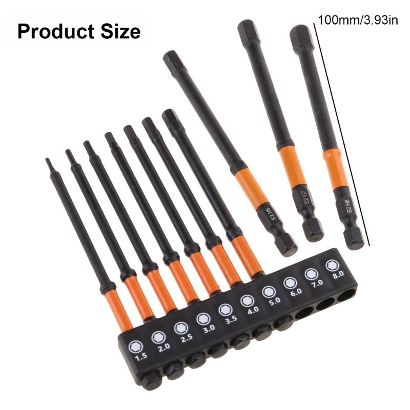 10Pcs Impacts Hex Head Wrenches Drill Bit Set 1/4" Hex Shank Steel Hex Bit Set Tip with Magnetism Screwdriver Bit
