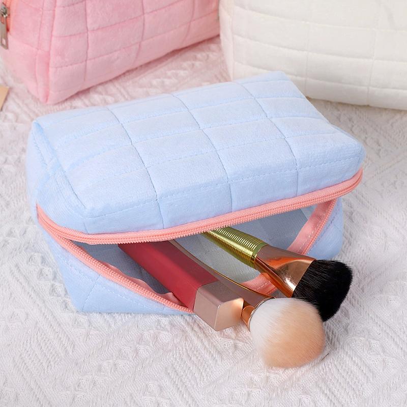 1Pc Cosmetic Travel Fleece Fabric Solid Color Wash Bag Make Up Pouch Storage Case Women's Toiletry Bag