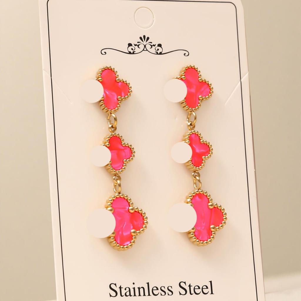 High-End Four-Leaf Clover Tassel Stud Earrings - Stainless Steel, Light Luxury Design