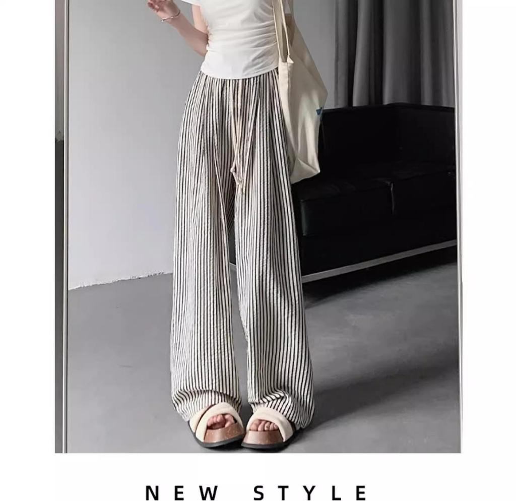 Women's High-Waisted Striped Wide-Leg Summer Pants - Petite, Loose, Slimming, Casual, Drapey.