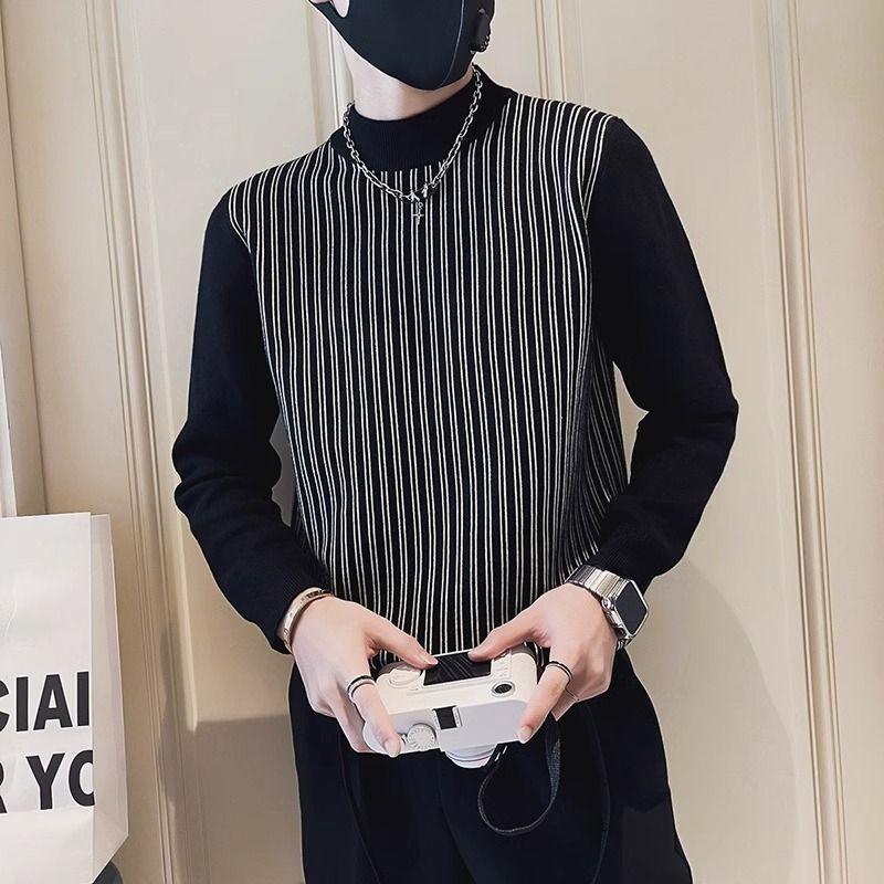 

Свитер с полувысоким воротником Мужской Осенне-зимний Полосатый Базовый Вязаный Топ Новинка Мужская Куртка-топ M чёрный