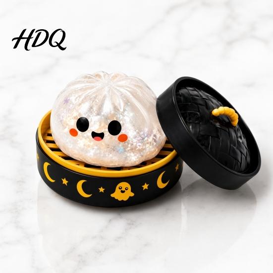 Stress Squeezing Toys Halloween Decompression Toy with Glitter Squishy Dumpling Pumpkin/Eyeball/Ghost Shape Relief Sensory Fidget for Holiday Party