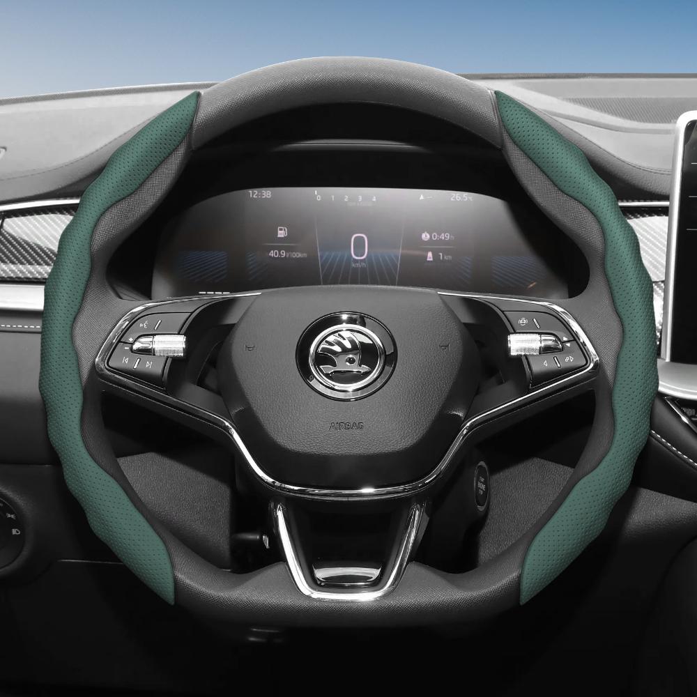 Suitable for Skoda Steering Wheel Cover with Wavy Sports Design, Breathable Leather, Segmented, Non-Slip, Sweat-Absorbent Protection for Octavia,