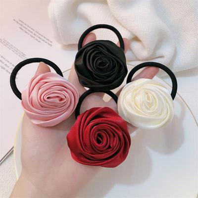 Hair Tie French Style Glossy Satin Rose Flower Decor Handcrafted 3D Petal Design Hair Rope Soft Smooth Fabric Hair Accessory