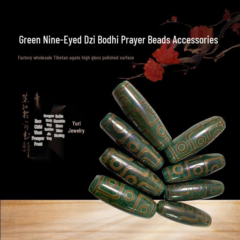 Tibetan Green Nine-Eyed Dzi Agate Buddhist Bodhi Beads, 40mm Polished Loose Beads