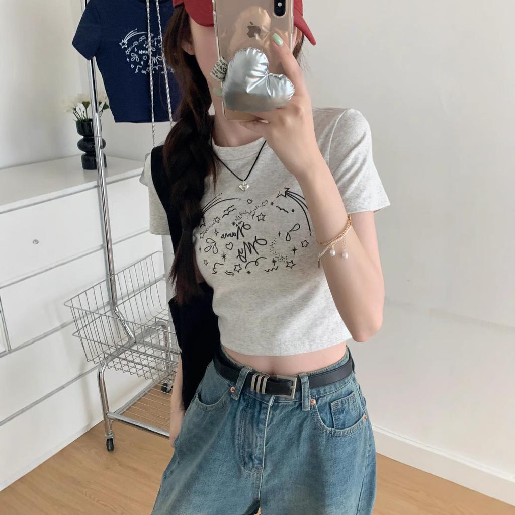 Women's Crew Neck Short Sleeve Crop T Shirt Slim Fit Cute Star Printed Casual Summer Cropped Blouse
