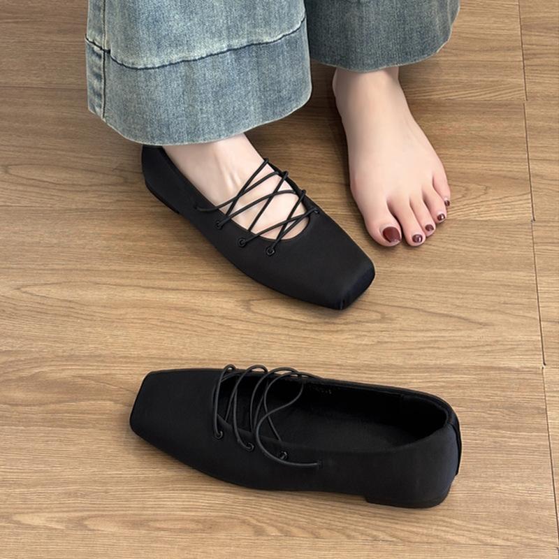 Sheepskin version~ New satin Mary Jane square head cross strap versatile ballet shoes light mouth versatile flat shoes