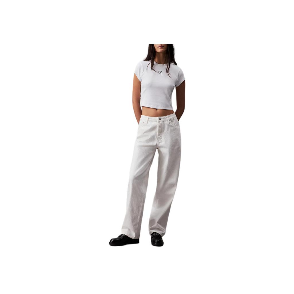 Calvin Klein Embroidered Logo Slim Fit Short Sleeve Ribbed Crew Neck T-Shirt Women Tops Bright-White J20J218337-YAF