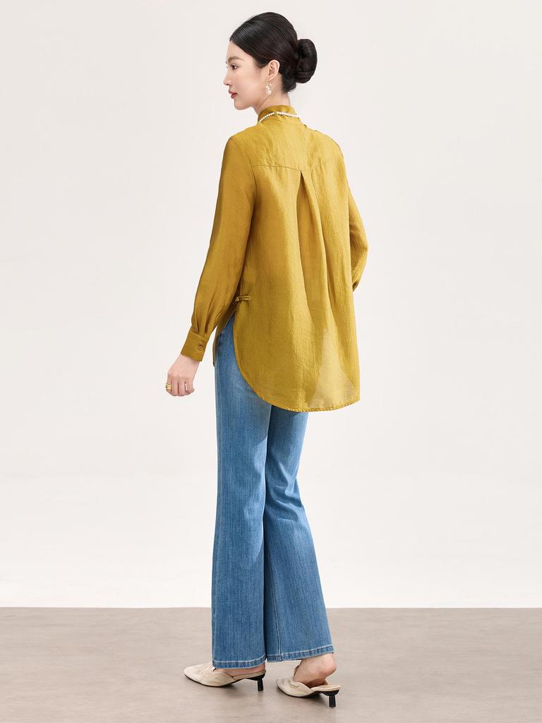 High-End Women's Silk Jacquard Frog Button Zen Shirt - Chinese Style Tea Ceremony Top for Spring