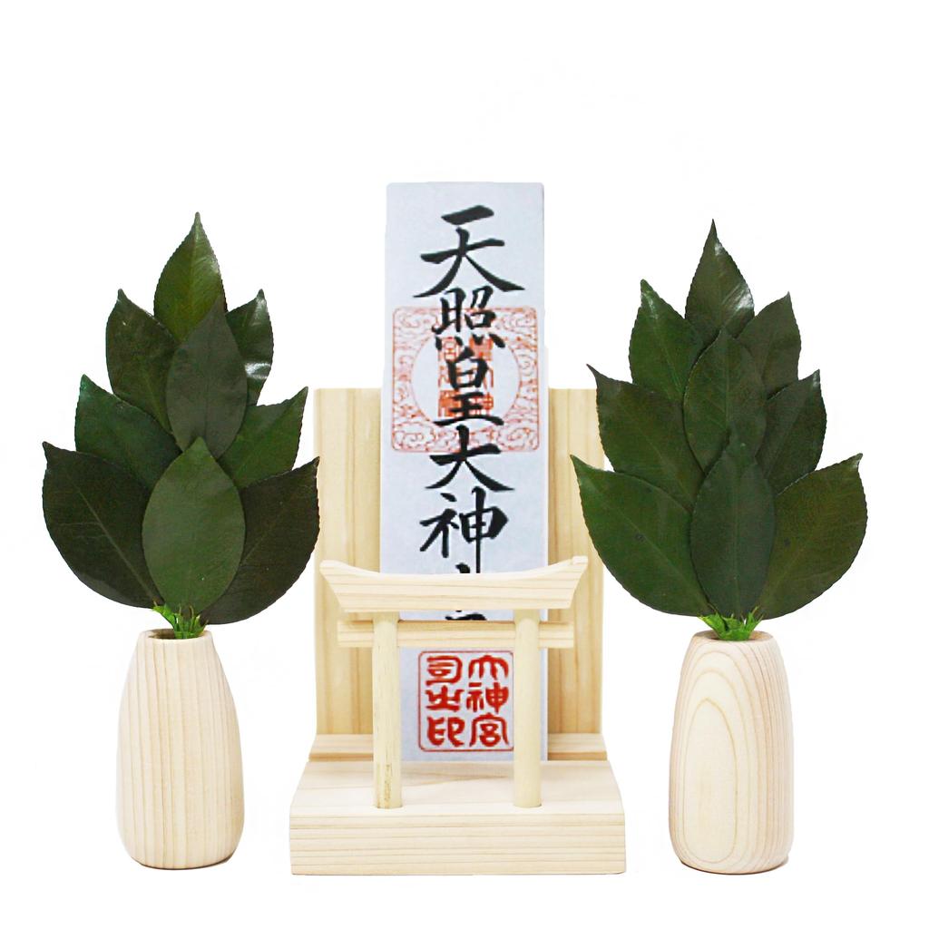 Mini S Sakaki Round Stand with Torii Gate, Shinto Shrine Set, Handcrafted by Artisans, Includes Torii Gate, Ofuda Holder, Shinto Shrine, Sakaki,