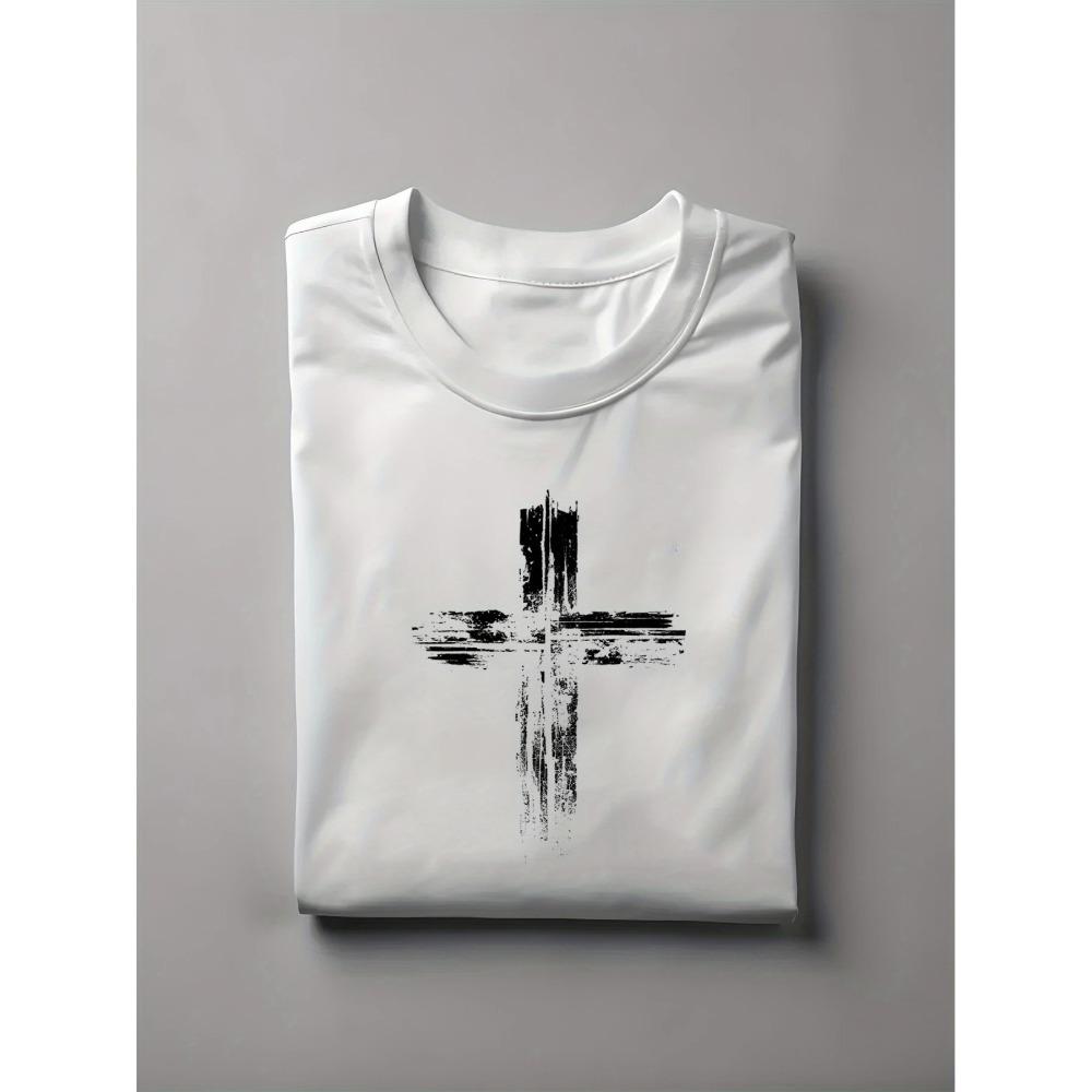 Men's Summer 100 Cotton Fashionable Casual Loose Plus Size Retro Cross Print Sports Round Neck Short Sleeved T-shirt Top