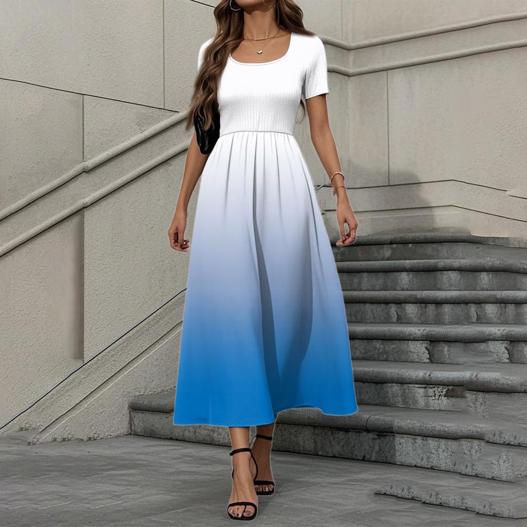Women's Fashion Casual Short Sleeve Round Neck Splicing Gradient Elegant Temperament Dress