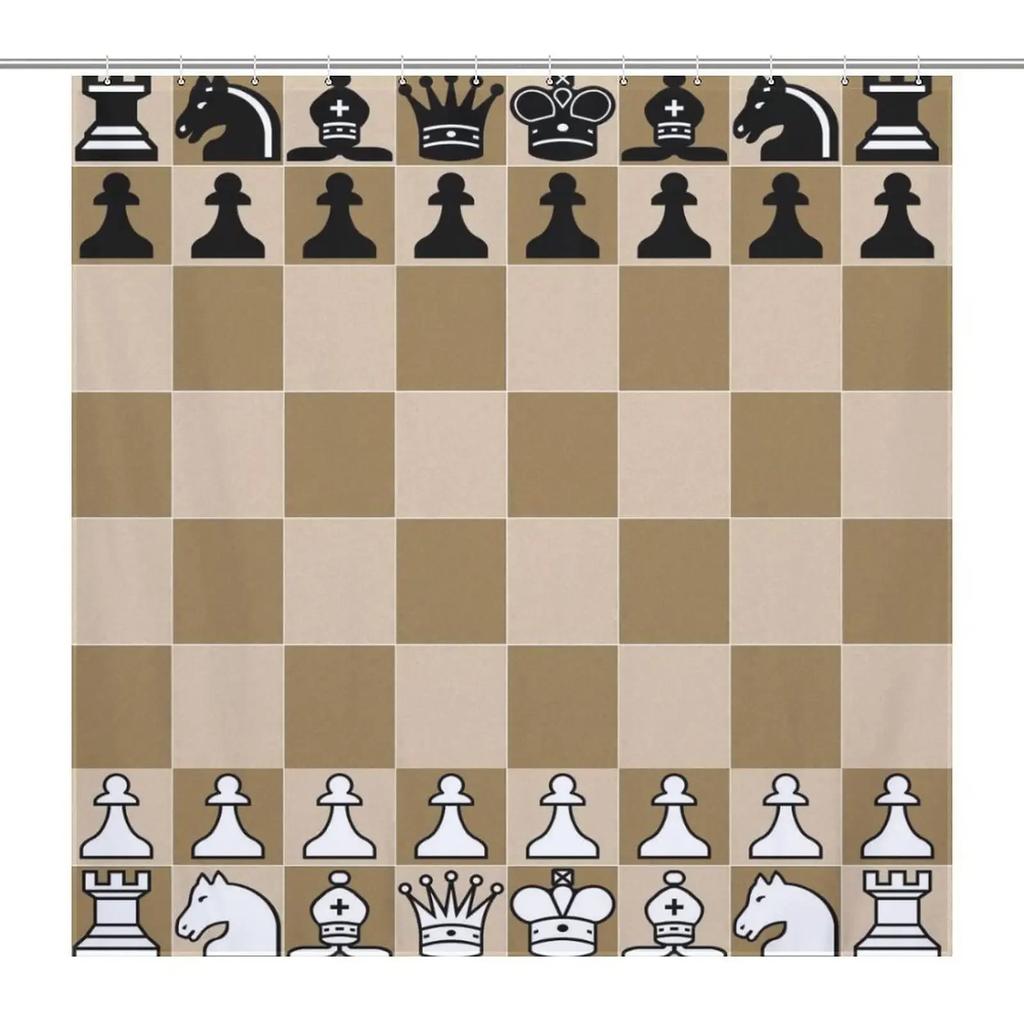 Chess Shower Curtain Horse Head International Chess Stripes Bathroom Curtains Chessboard Waterproof Board Game Bath Curtains Set