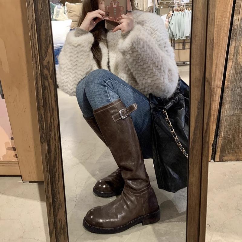 ! Shoes retro washed horse leather buckle with thick heel medium and high boots women's knight boots