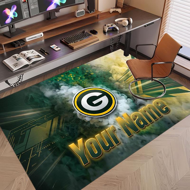 Custom Rug Green Bay Packers Pattern Print Name Text Soft Non‑Slip Floor Carpet for Home Indoor Decoration