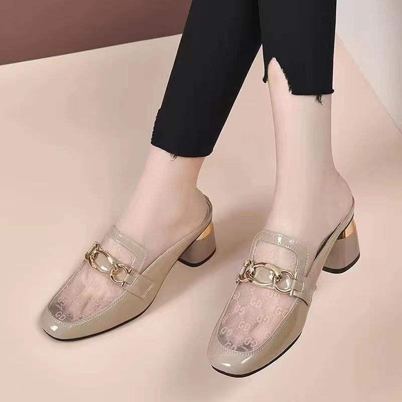 Women's 2025 Genuine Leather Chunky Heel Closed-Toe Mesh Sandals - Summer Fashion Half Slippers