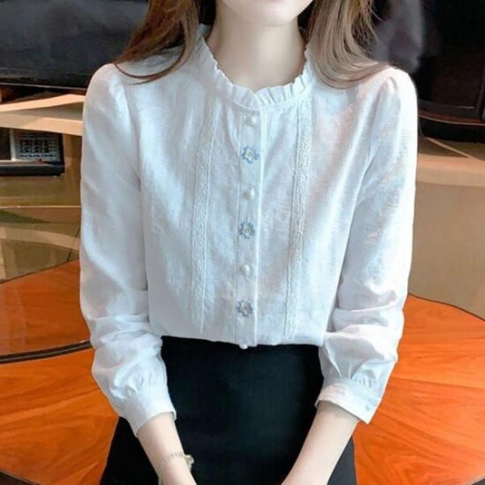 Navava Women Frill Flower Embroidery Long Sleeve Blouse Nb2460
