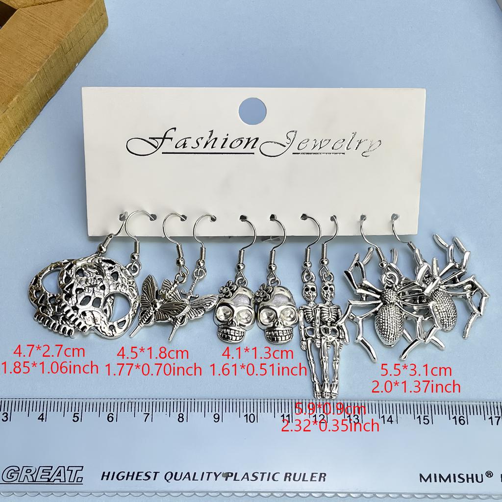 5 Pairs/ Set Halloween Metal Dangle Earrings Retro Skull Bat Spider Sword Snake Shape Goth Style Alloy Ear Set For Women Jewelry