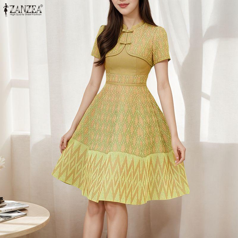 ZANZEA Women Summer Stand Collar Casual Short Sleeve Print Dress