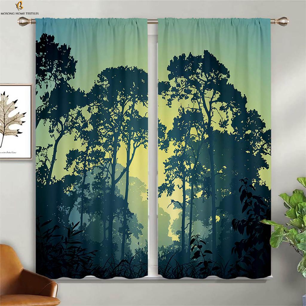 Misty Deep Forest Green Woods 3D tlačené závesy vhodné do spálne obývačka kuchyňa otočné dekoratívne závesy 2 kusy