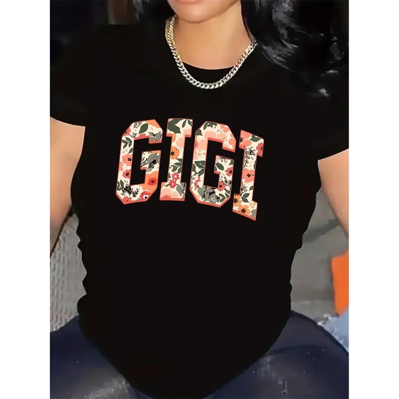 

Women Elegant Black White GIGI Floral Print T-Shirt Round Neck Short Sleeve Wrinkle-Resistant Casual Dressy Office Valentine Gift Top 4XL чорний