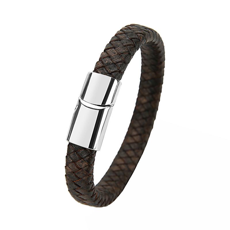 Retro Genuine Leather Men's Woven Cord Bracelet with Magnetic Buckle