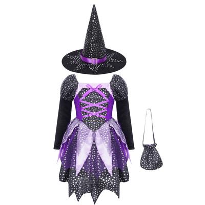Kostium czarownicy na Halloween z kapeluszem dla dziewczynek Rozświetla fantazyjny strój Klasyczna sukienka czarownicy na imprezę Torba na cukierki