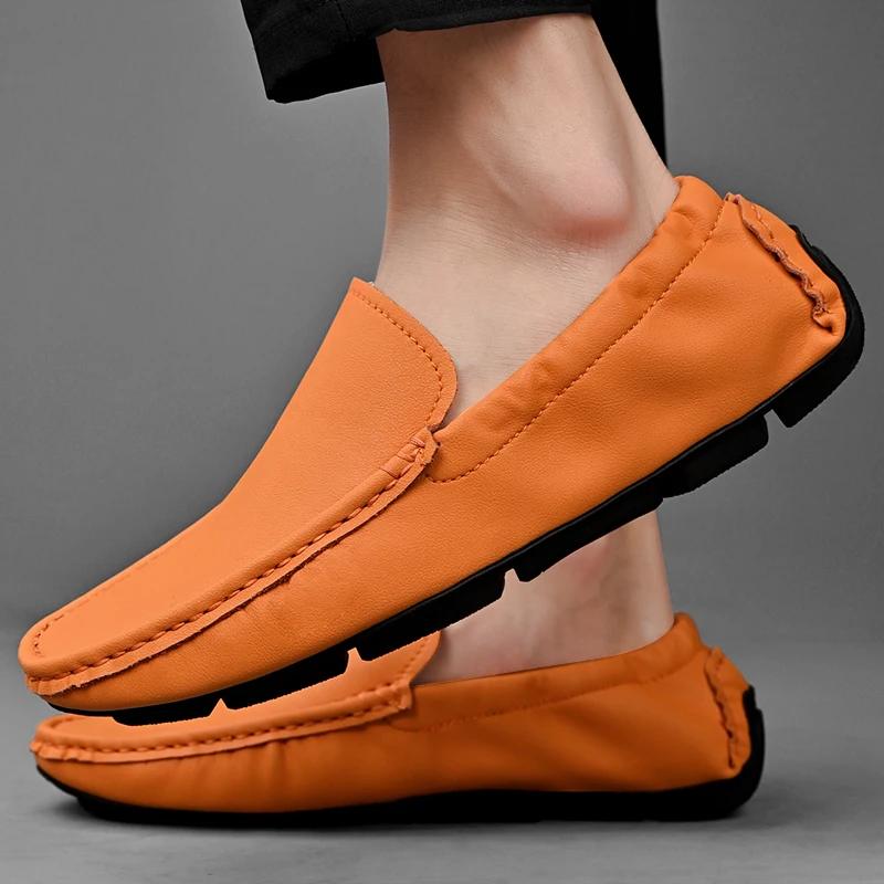 Fashion Genuine Leather Men Loafers Shoes High Quality Moccasins Driving Shoes Green Orange Office Shoes Casual Loafers Big Size 38-49