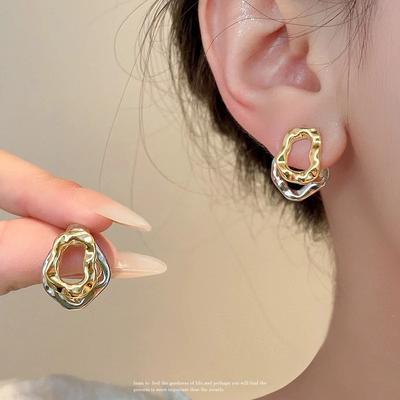 1 PAAR Doppelschichtige Unregelmäßige Geometrische Muster Kupferohrringe, Unebene Oberfläche Mode Gold- und Silberschmuck Geschenk