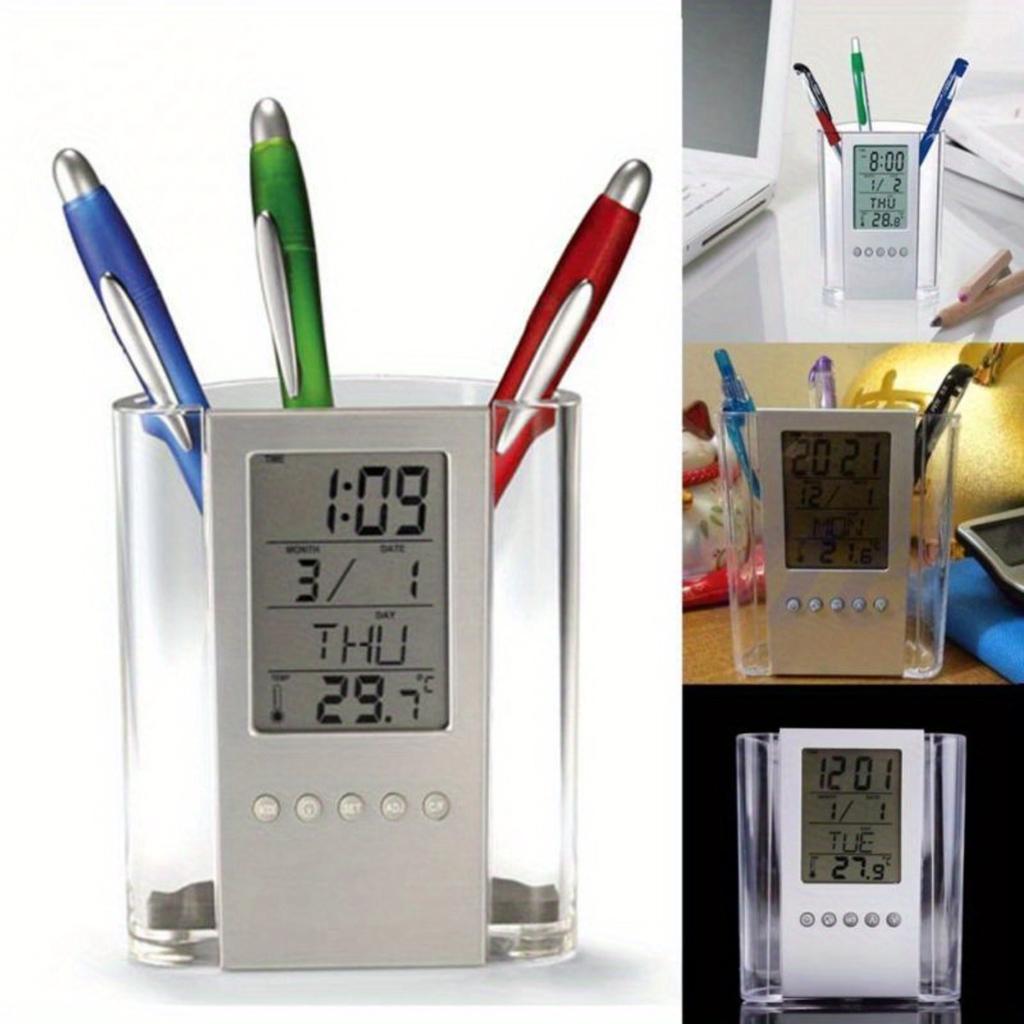 Transparent Pen Holder Container Cock Pencil Alarm LCD Digital Calendar Thermometer