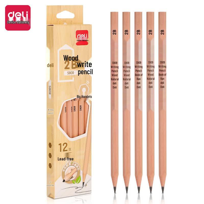Deli S909-2B Hexagonal Wooden 2B Pencils, 12-Pack
