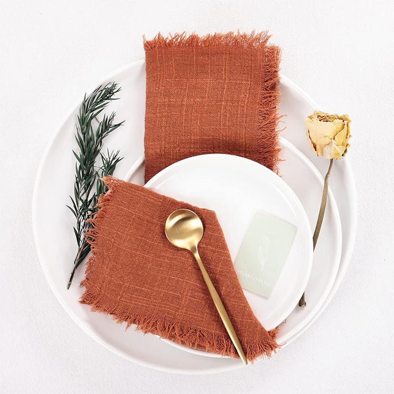 6pcs 32x32cm 100% Cotton Soft Beige Gauze C Wedding Napkins Reusable Blue Trim Tea Towel Rustic Retro Burrs Napkins For Dinner,Party,Weddings