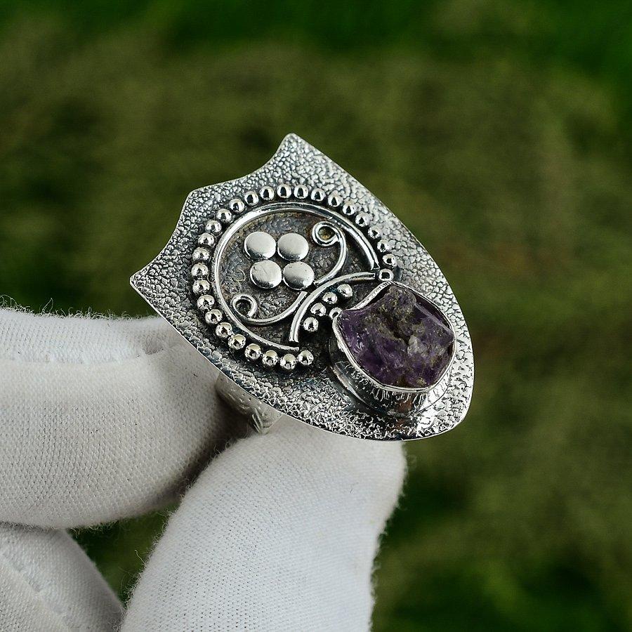 Friendship Day Sale 925 Silver Pentagon Amethyst Rough Stone February Boho Ring Adjustable