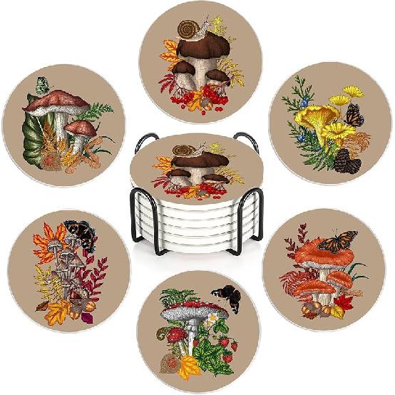 Drink Coasters with Holder,6 Pcs Moon Phases Absorbent Ceramic Coasters with Cork Base,Cute Funny Table Drinks Coasters,Table Home Decor,4 Inches