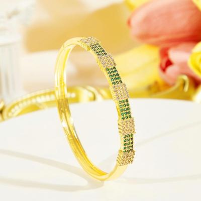 CMM Luxurious Golden Bangle Bracelets with Intricate Blue & Green Cubic Zirconia Inlay Pieces for Global Fashionistas