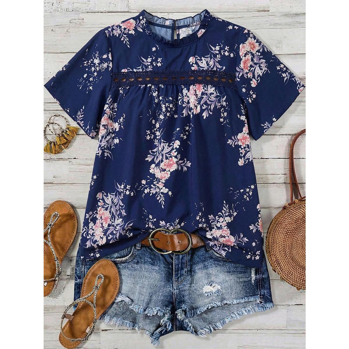 Foreign trade cross-border summer short-sleeved large-size women s clothing 2026 new French printing loose meat-covering short-sleeved chiffon shirt XL синий