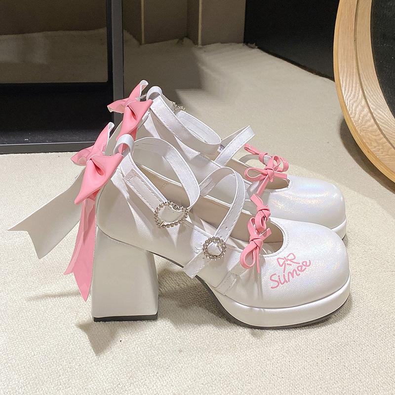 Mary Jane Thick-soled Thick-heeled High-heeled Bow 2025 Summer New One-word Strap Women's High-heeled Sandals Lolita Women's Shoes