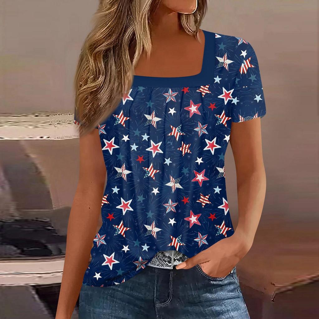 Womens Tops Casual Summer Independence Day Print T Shirts Short Sleeve Square Neck Basic Tee