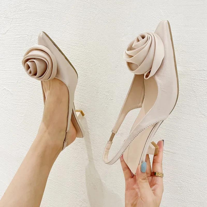 Sandale Elegante cu Vârf Ascuțit, Culoare Solidă, cu Decor Floral, pentru Vară, cu Baretă la Spate, Toc Mediu, Pantofi de Petrecere/Bal