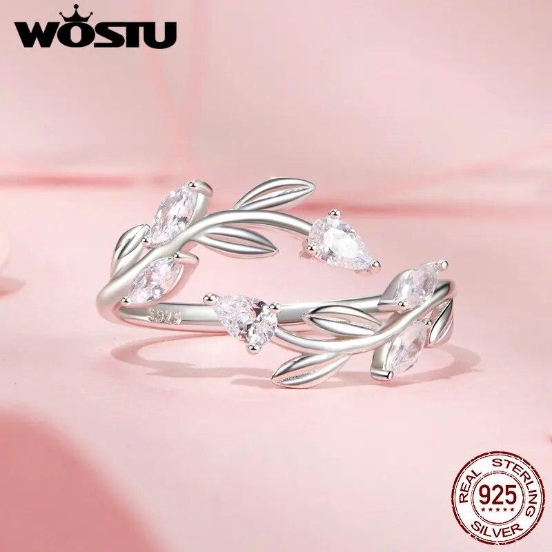 WOSTU 925 Sterling Silber Blattförmige Öffnung Ring Für Frauen Voll Glänzend Zirkon Blätter Stapelbar Party Mädchen Ringe Koreanische Schmuck