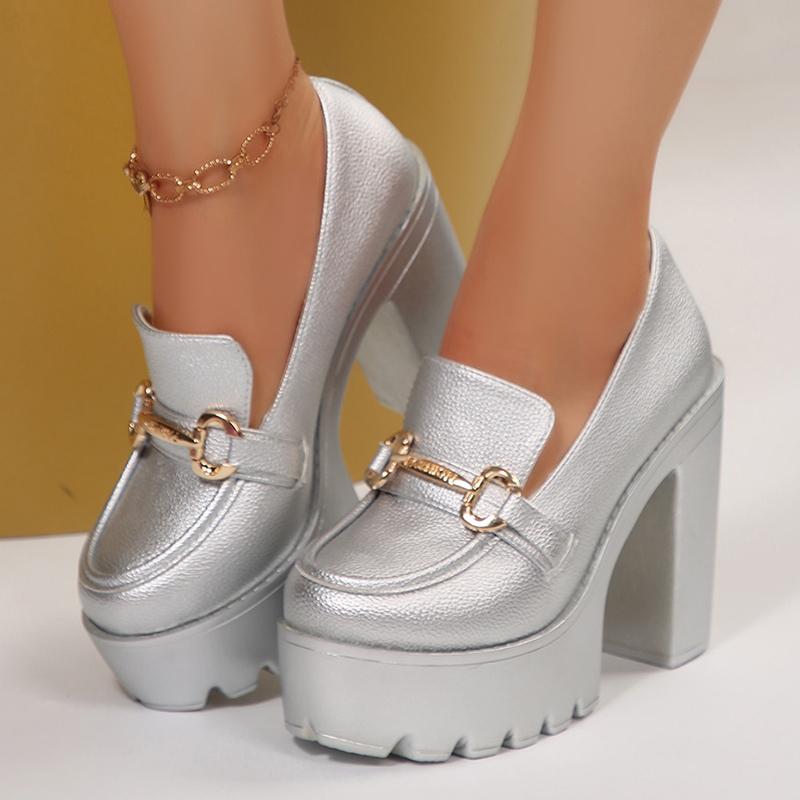 Fashion Slip On Chunky Heel Loafers for Women Gold Silver High Heels Platform Pumps Woman Metal Decoration Banquet Party Shoes