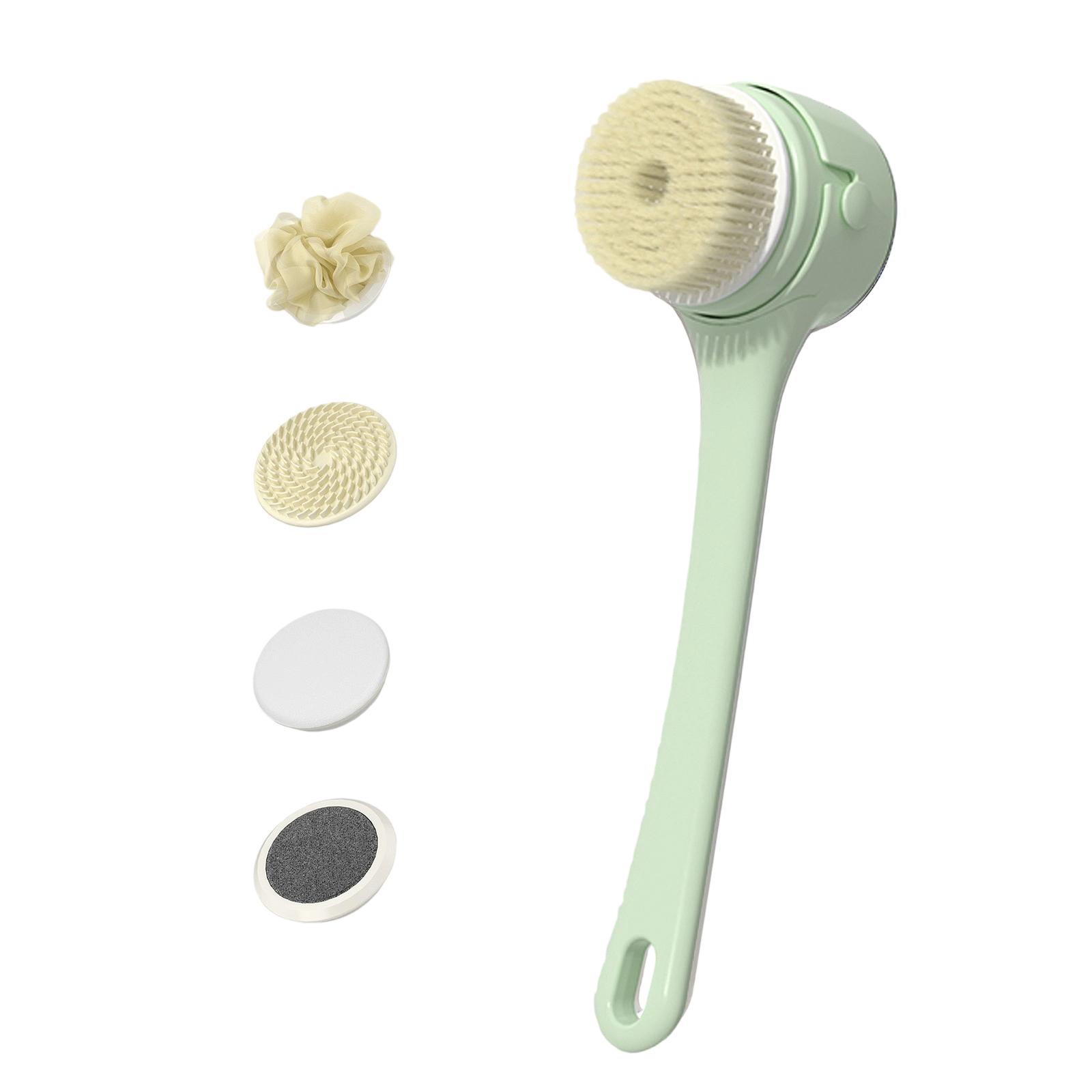 

Вращающаяся щетка для тела с 5 сменными насадками, водонепроницаемый дизайн IPX7, длинная ручка для отшелушивания и глубокого очищения спины зелёный