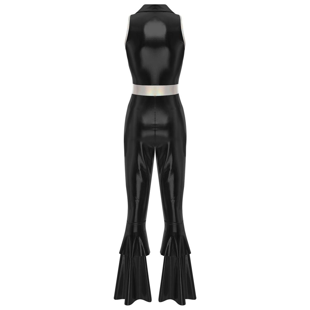 Women Shiny Metallic 70s Disco Costume Lapel Collar Sleeveless High Waist Flared Jumpsuit Disco Dance Outfit