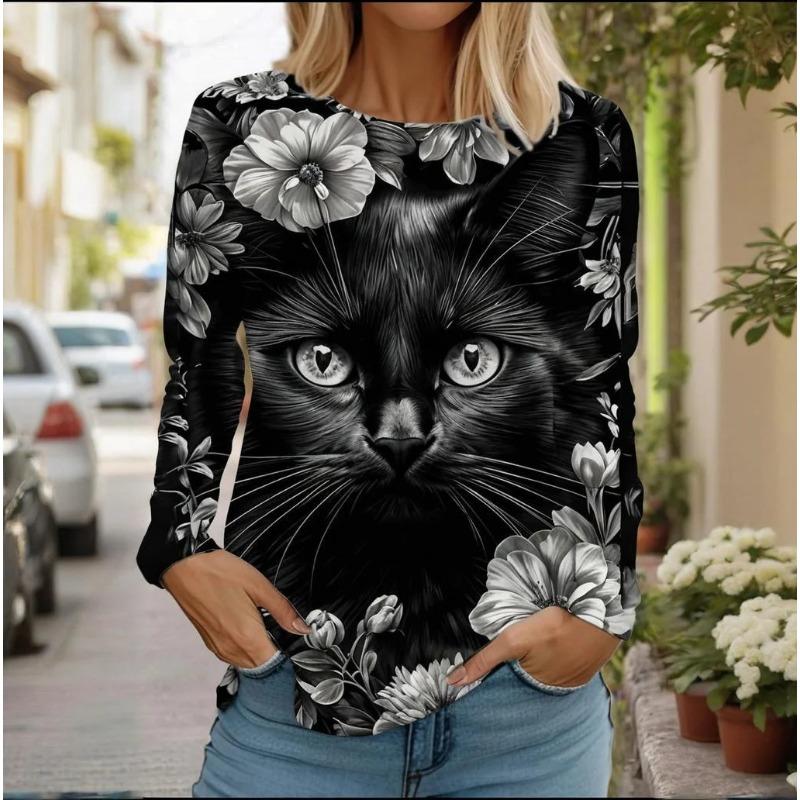 

Футболки с длинным рукавом с рисунком кошки, женские футболки с 3D-принтом, модная одежда на выходные, забавная, с круглым вырезом, стандартный крой, весна и осень XL