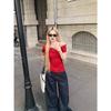 Gray diagonal neck off-the-shoulder short-sleeved T-shirt for women's summer slim-fitting and thin inside design, Spice Girl short bottoming top