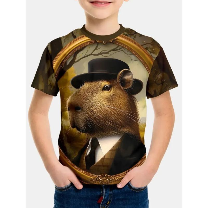 Round Neck 3D Capybara Printed Fashionable Short Sleeved Children's Boy T-shirts - Soft Medium Stretch Polyester Fabric Summer Relaxed Fit Clothing