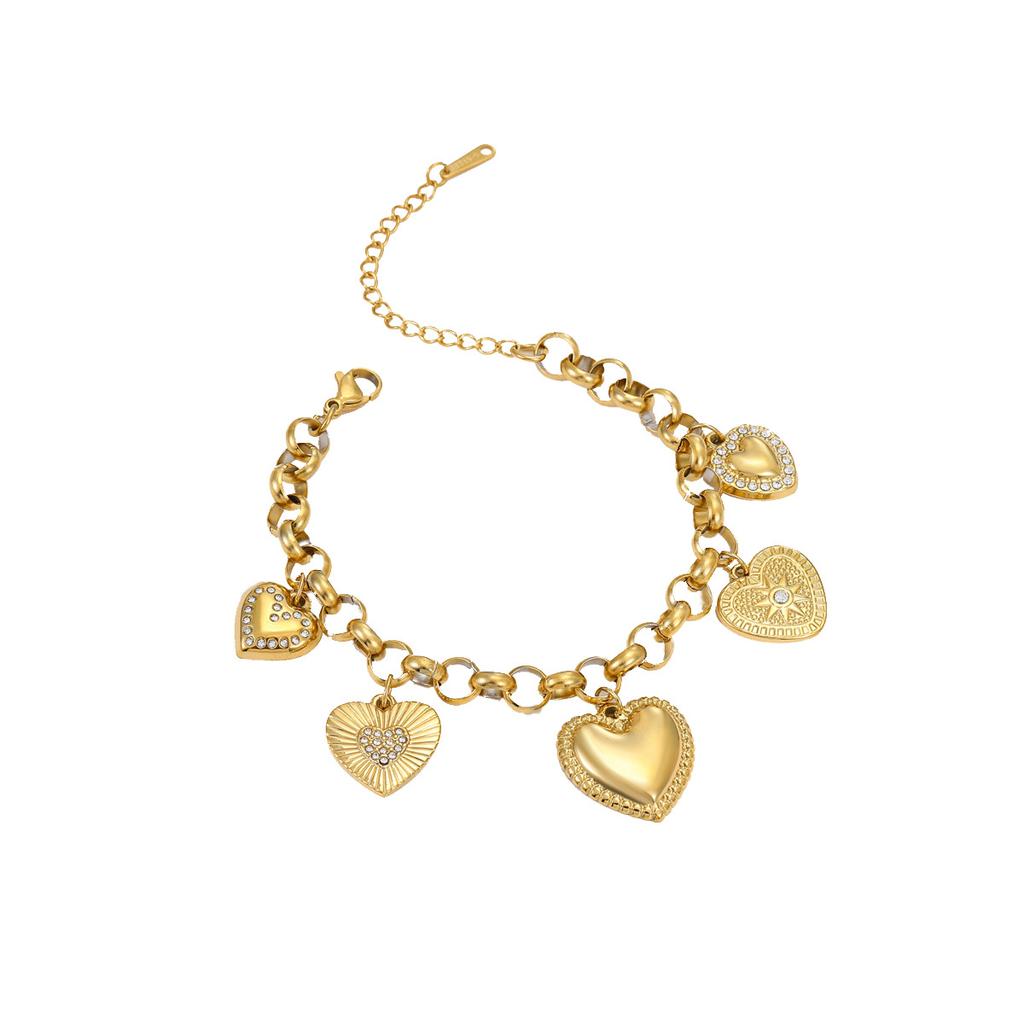 GEMCHIC Women's Gold Tone Heart Pendant Necklace and Bracelet Set Stainless Steel Charm Jewelry