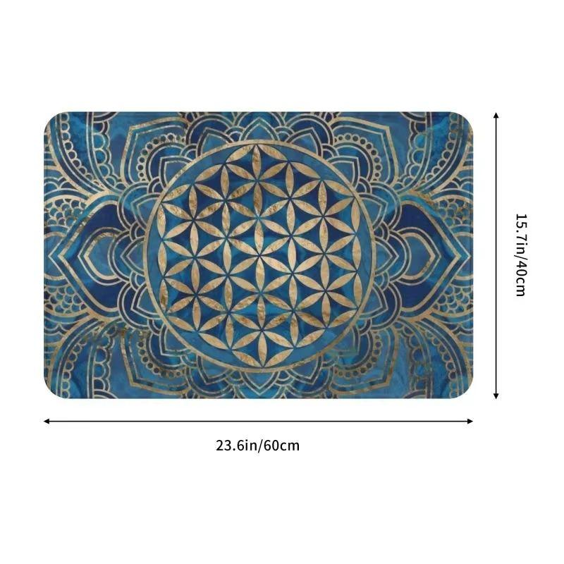 VIKAMA Bohemian Mandala Flower of Life Doormat Non Slip Waterproof Entry Floor Rug Blue Gold Sacred Pattern Home Decor